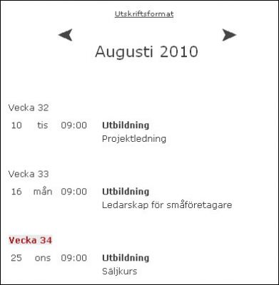 Under rubriken kalender så ser du hela månadens aktiviteter. Du kan också bläddra mellan månaderna för att skapa dig en överblick.